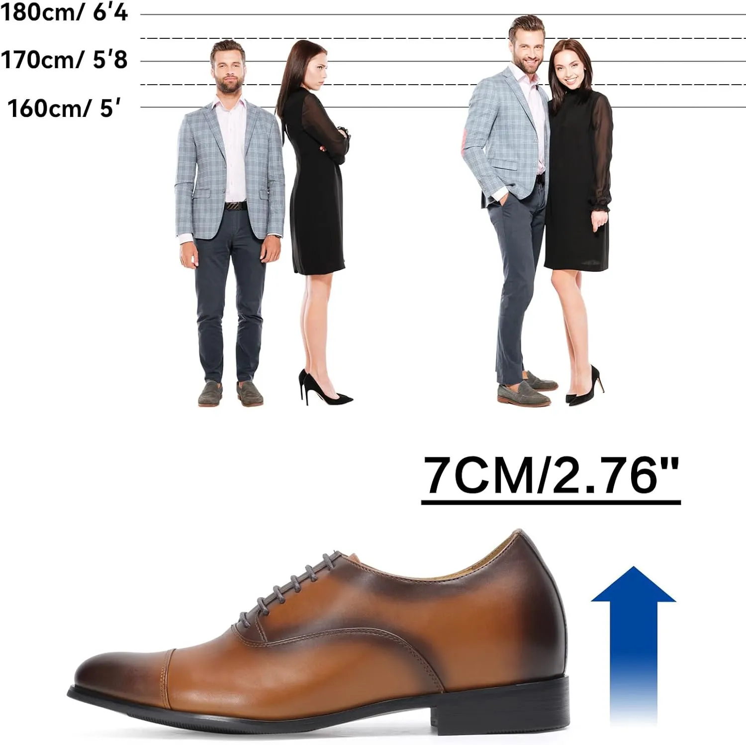 CHAMARIPA Men's Leather Elevator Shoes with Ergonomic Built-in Height Insoles | Breathable Anti-Shift Design, One-Last-One-Size Custom Fit | Enhanced Arch Support & Stealth Height Increase