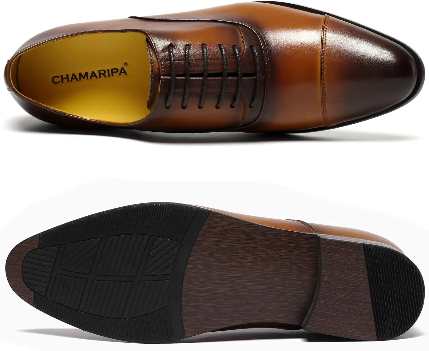 CHAMARIPA Men's Leather Elevator Shoes with Ergonomic Built-in Height Insoles | Breathable Anti-Shift Design, One-Last-One-Size Custom Fit | Enhanced Arch Support & Stealth Height Increase