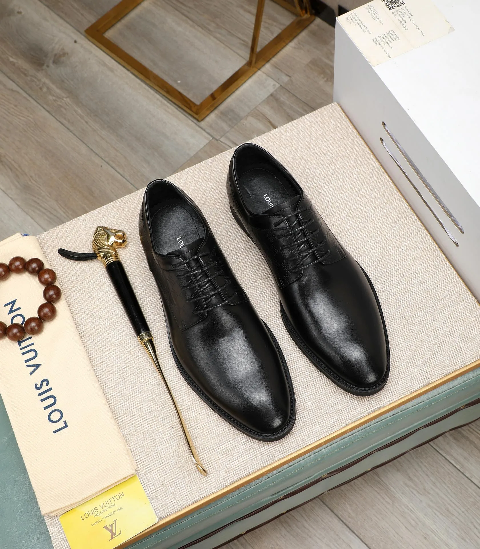 Checkered Panel Leather Black Derby Shoes