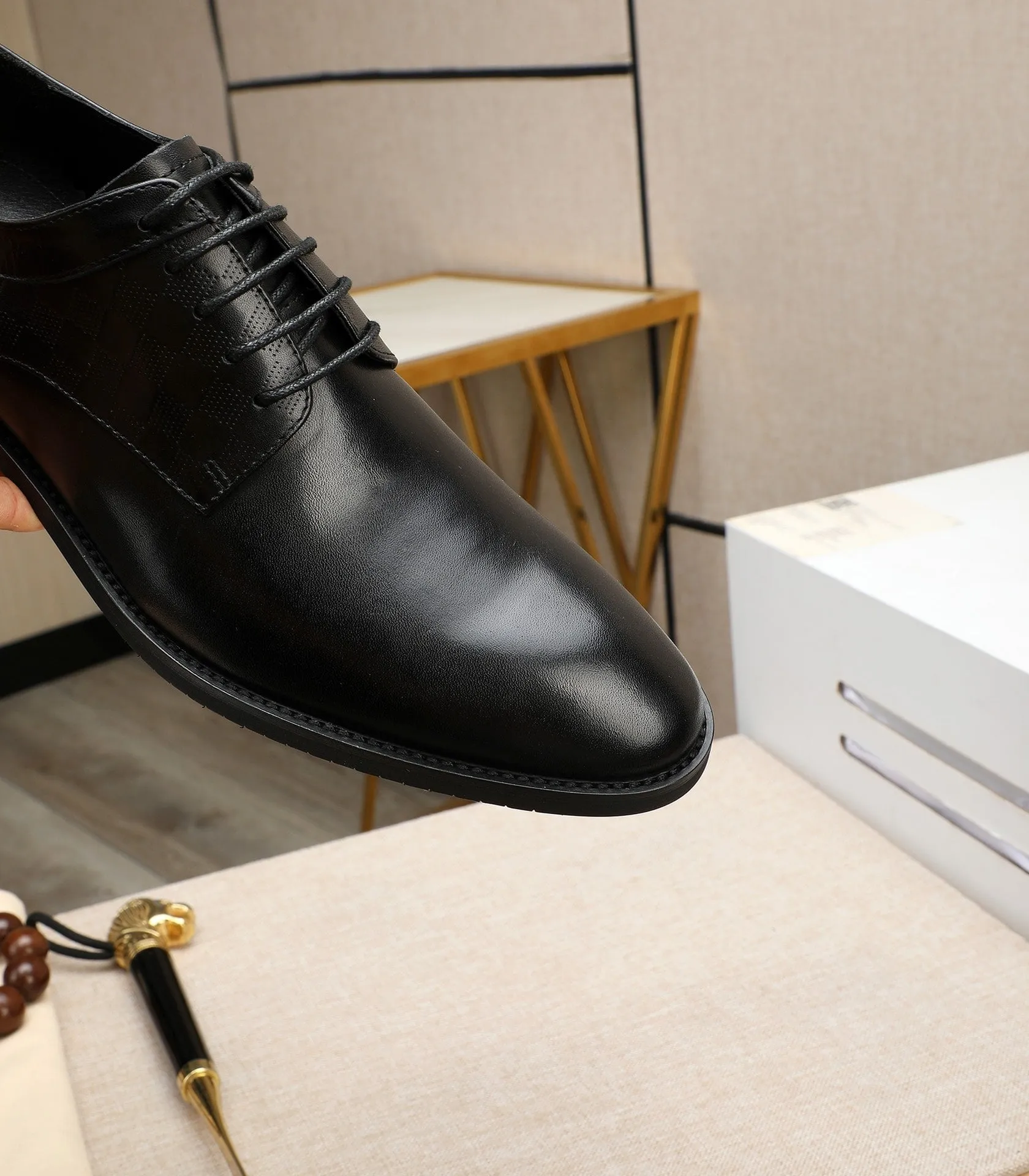 Checkered Panel Leather Black Derby Shoes