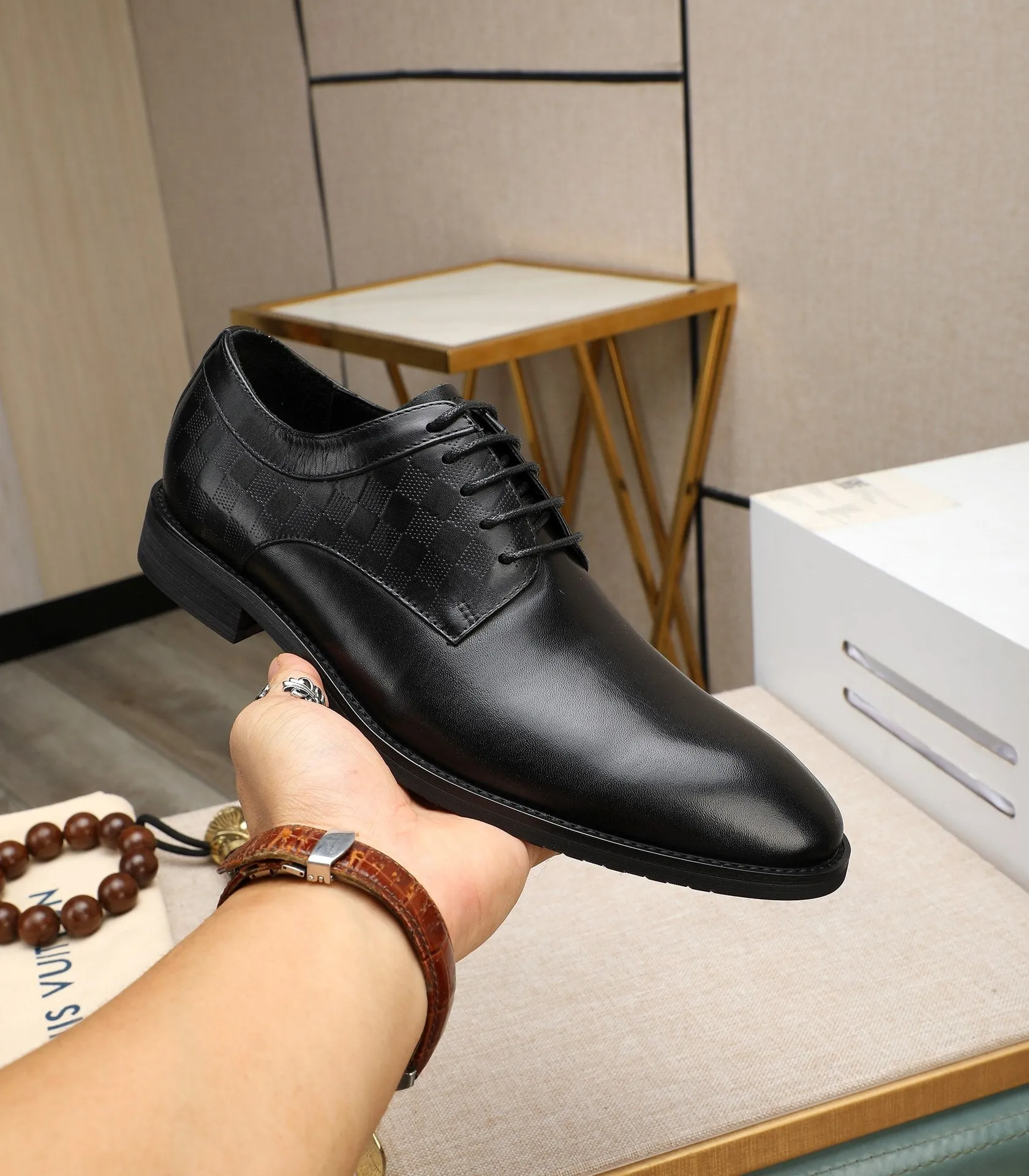 Checkered Panel Leather Black Derby Shoes
