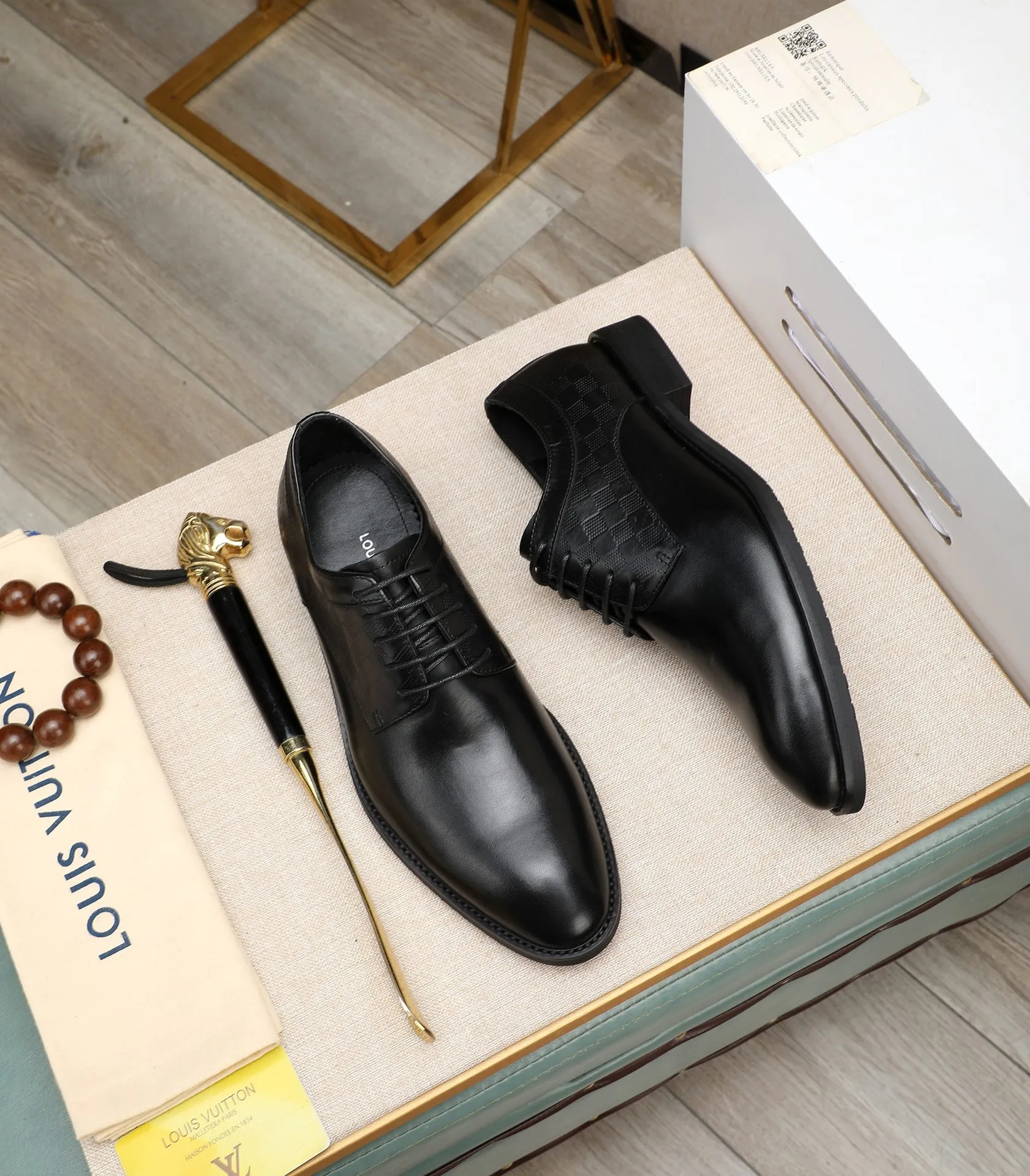 Checkered Panel Leather Black Derby Shoes