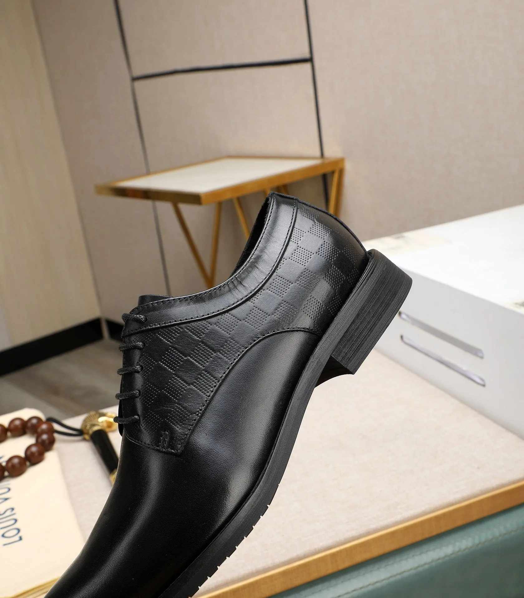 Checkered Panel Leather Black Derby Shoes