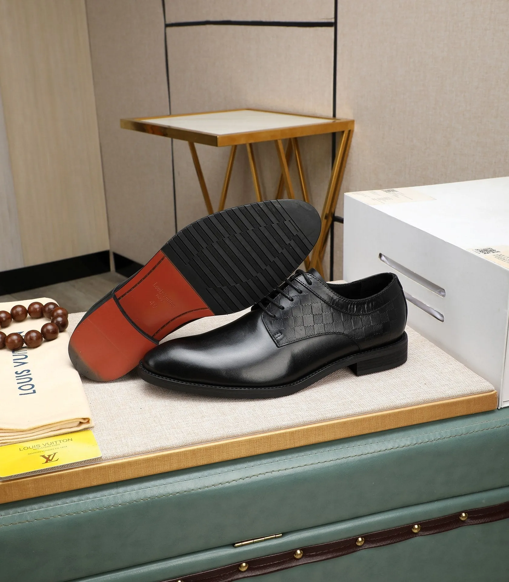 Checkered Panel Leather Black Derby Shoes