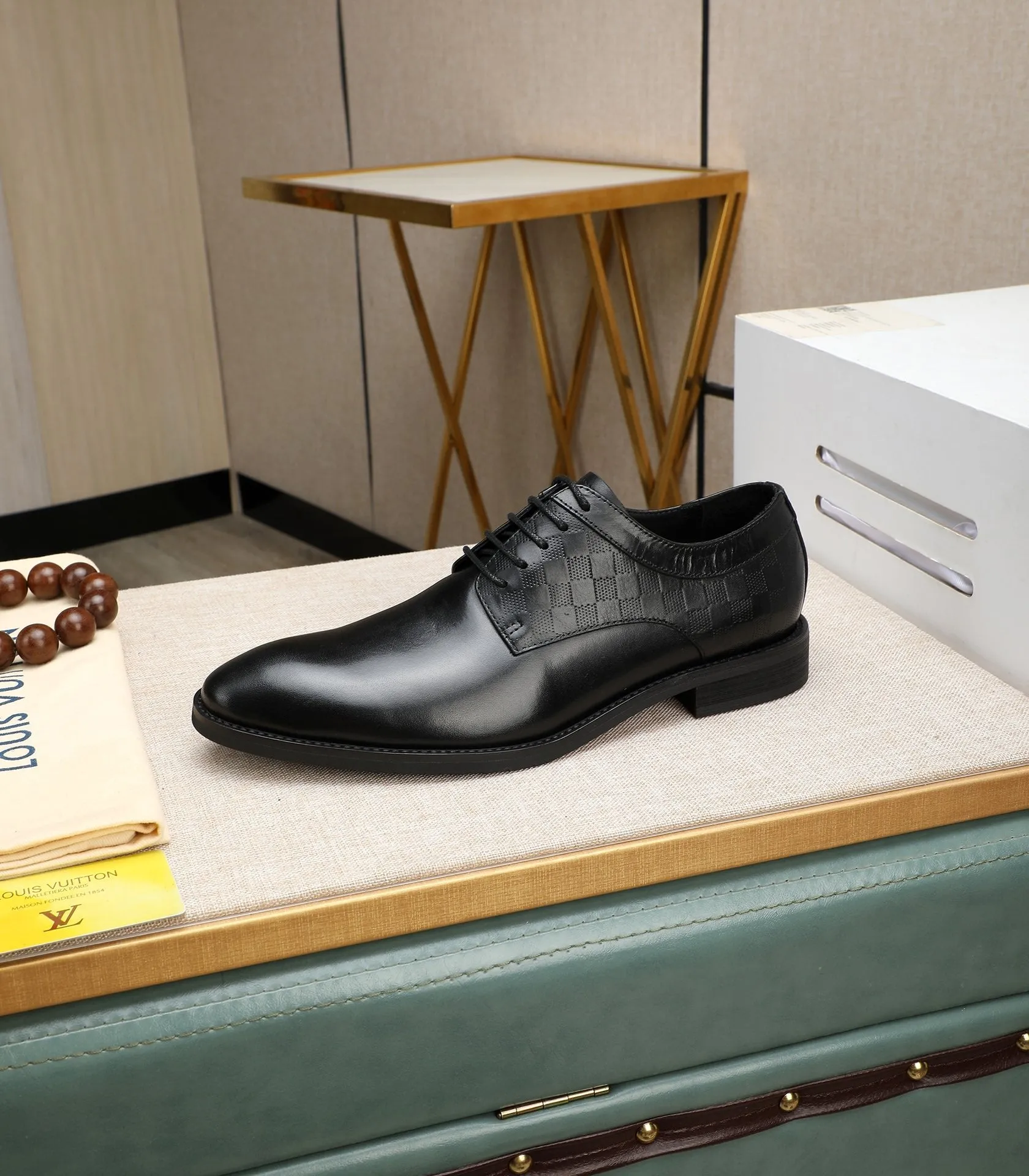 Checkered Panel Leather Black Derby Shoes