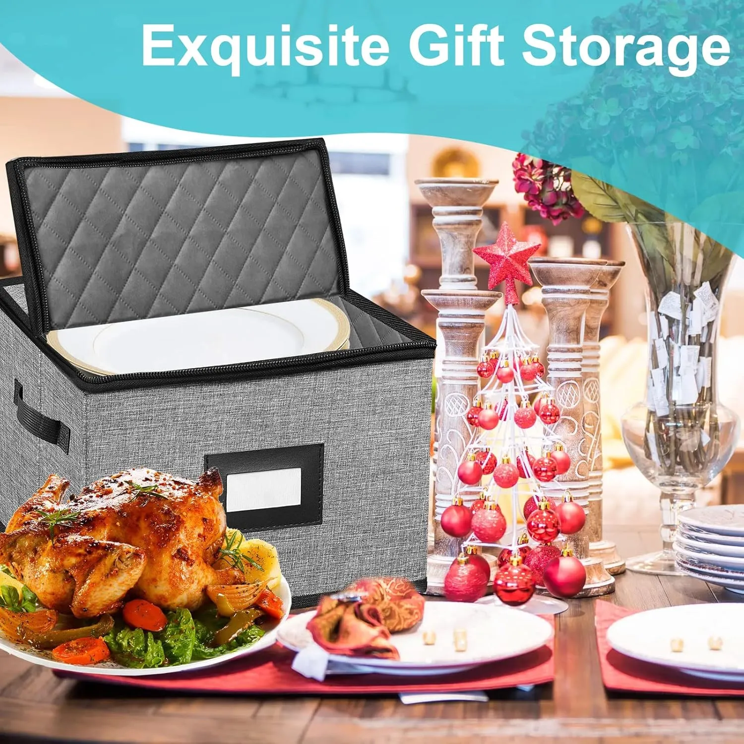 China Storage Containers-4PACK Quilted Dish Storage Containers with Lid Hard Shell for Moving Transport, Dinnerware,Stackable Plate Storage,24 Felt Plate Dividers Included,12 * 12 * 8in