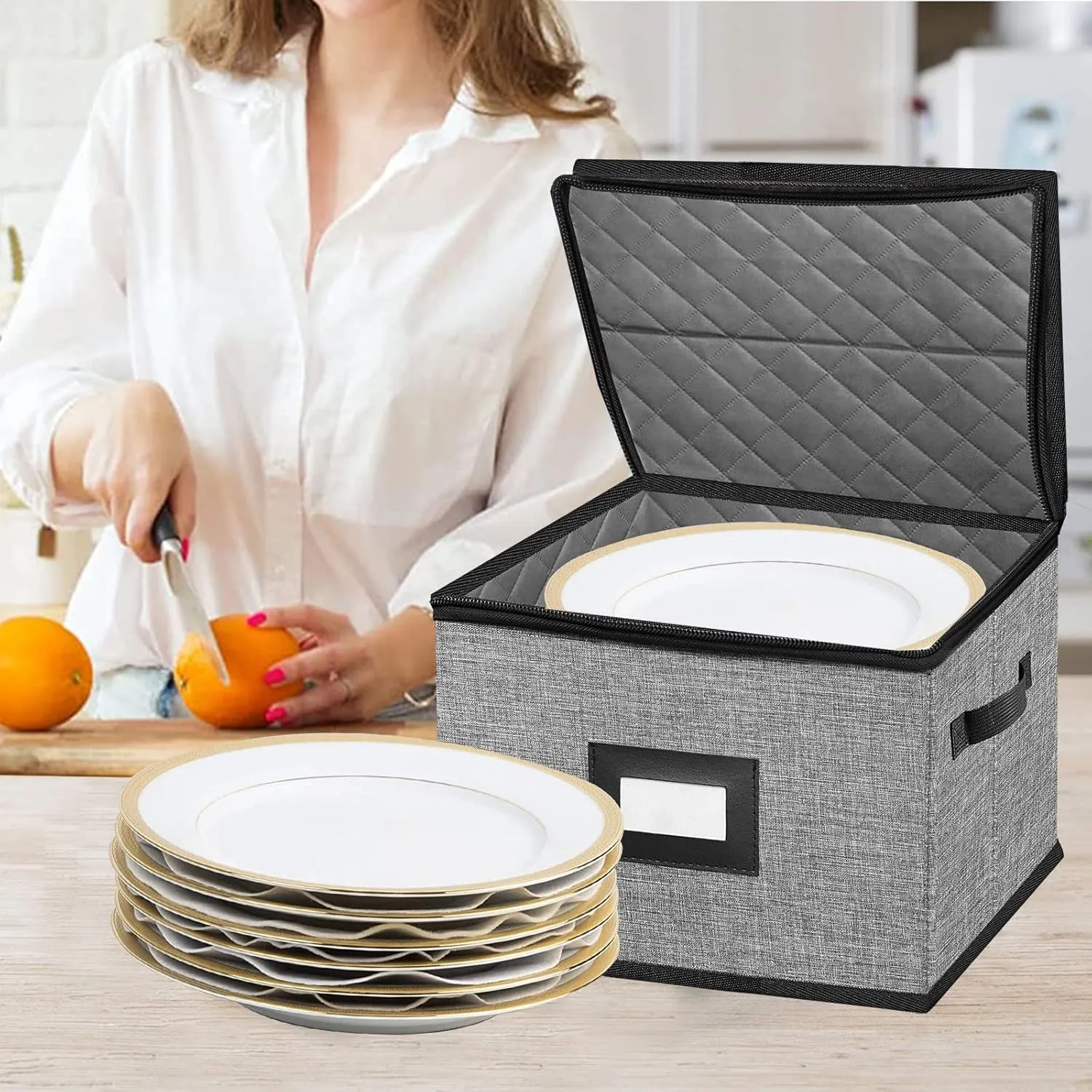 China Storage Containers-4PACK Quilted Dish Storage Containers with Lid Hard Shell for Moving Transport, Dinnerware,Stackable Plate Storage,24 Felt Plate Dividers Included,12 * 12 * 8in