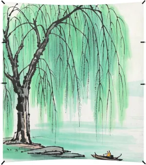 Chinese Ink Painting Tree Beige Foldable Beach Canopy UPF50 Easy Setup Outdoor Sun Shade with Sandbags & Sand Shovel for Family Trips, Picnics & Camping