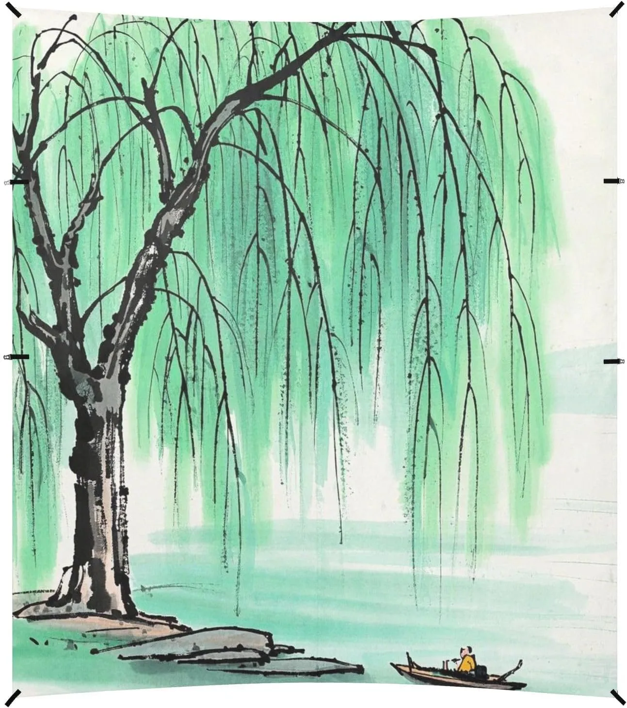 Chinese Ink Painting Tree Beige Foldable Beach Canopy UPF50 Easy Setup Outdoor Sun Shade with Sandbags & Sand Shovel for Family Trips, Picnics & Camping