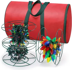 Christmas Light Storage Reels - 3 Metal Spools with Durable Oxford Bag for Holiday Cord Organization