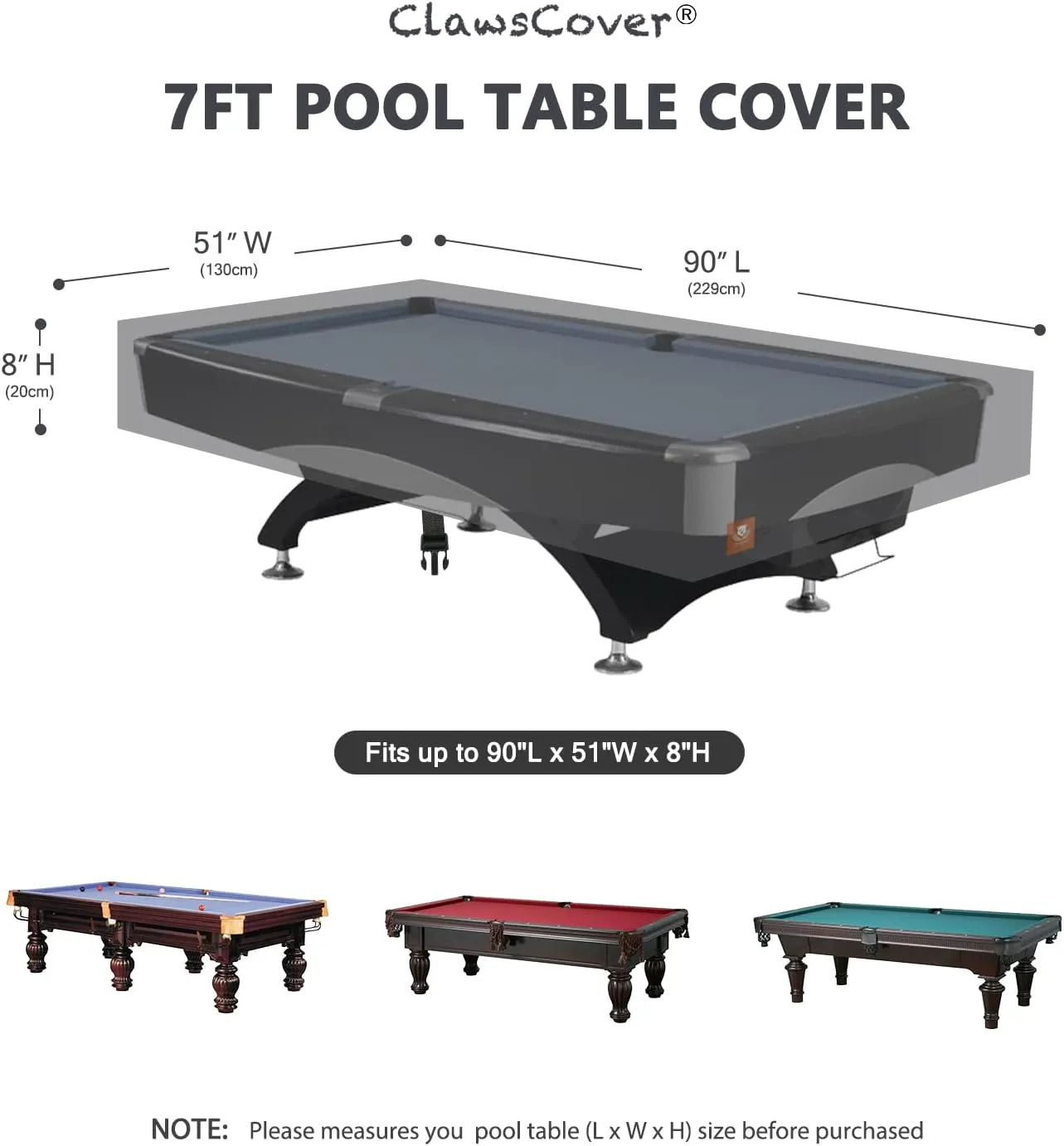 ClawsCover Pool Table Cover 7/8/9 Feet,Heavy Duty Waterproof Scratch-Free 600D Polyester Cloth,Outdoor Pool Table Covers,All-Weather Protection,Indoor Billiards Table Accessories,Dark Grey