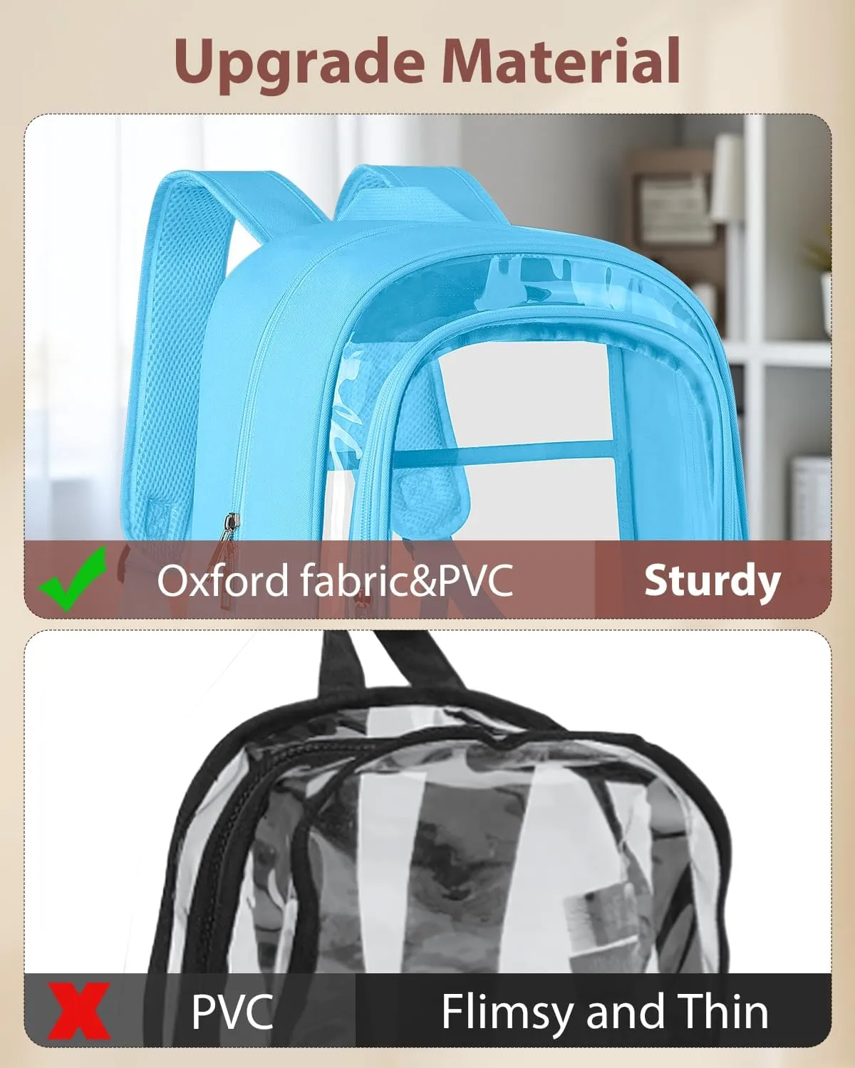Clear Backpack, Fabric & PVC Transparent Backpack with Reinforced Strap for Women Men, Heavy Duty Transparent Bookbag, Large Capacity Clear Bag, Travel, Security, Blue