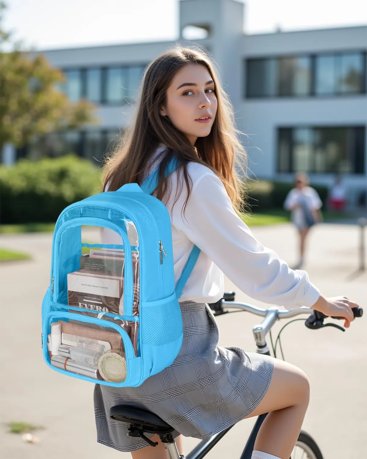 Clear Backpack, Fabric & PVC Transparent Backpack with Reinforced Strap for Women Men, Heavy Duty Transparent Bookbag, Large Capacity Clear Bag, Travel, Security, Blue