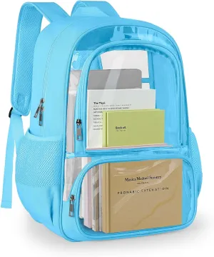 Clear Backpack, Fabric & PVC Transparent Backpack with Reinforced Strap for Women Men, Heavy Duty Transparent Bookbag, Large Capacity Clear Bag, Travel, Security, Blue