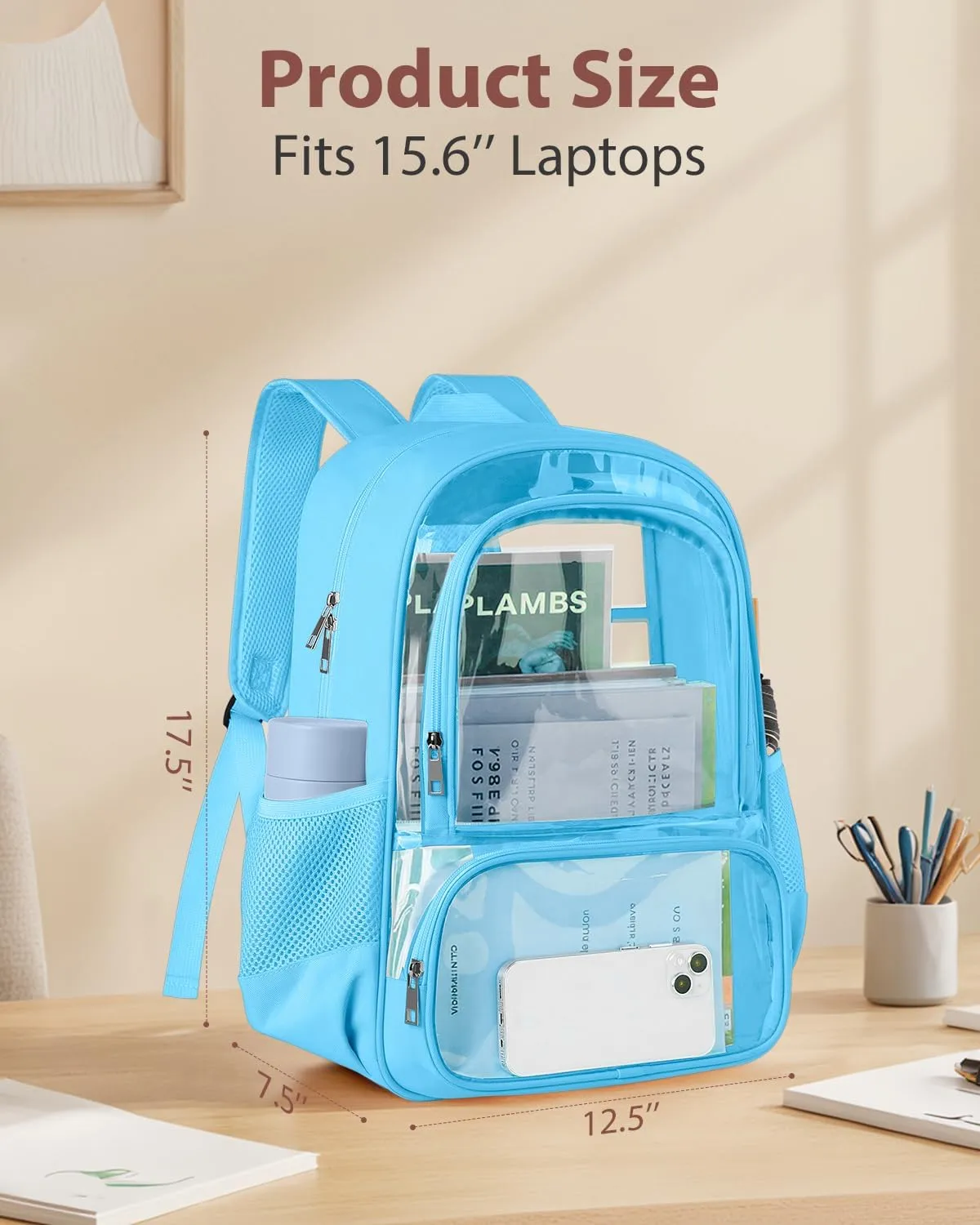 Clear Backpack, Fabric & PVC Transparent Backpack with Reinforced Strap for Women Men, Heavy Duty Transparent Bookbag, Large Capacity Clear Bag, Travel, Security, Blue