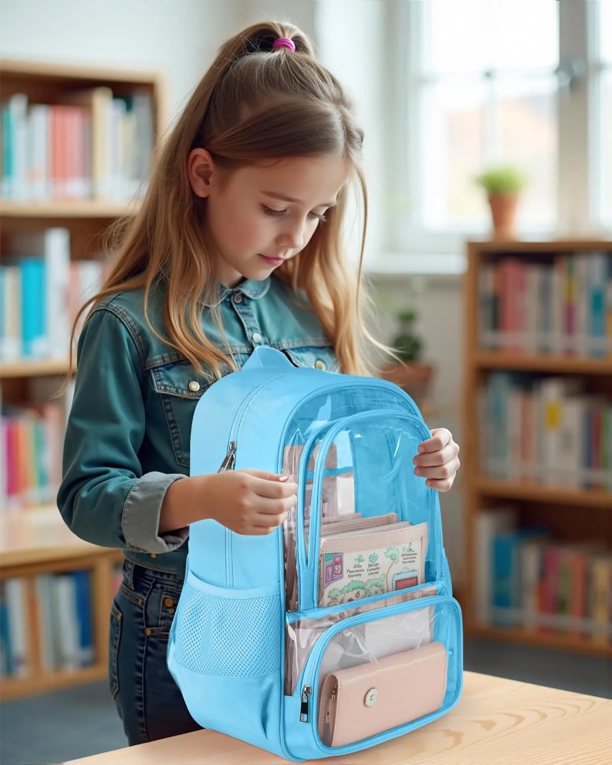 Clear Backpack, Fabric & PVC Transparent Backpack with Reinforced Strap for Women Men, Heavy Duty Transparent Bookbag, Large Capacity Clear Bag, Travel, Security, Blue
