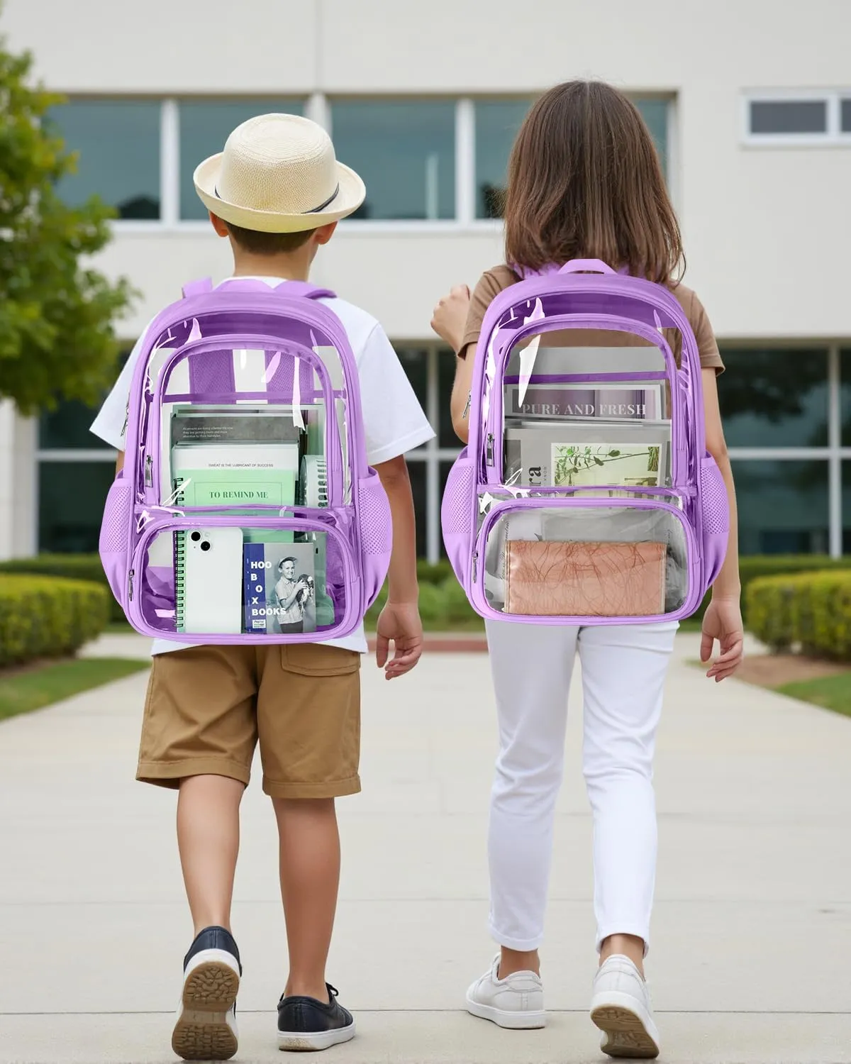 Clear Backpack, Fabric & PVC Transparent Backpack with Reinforced Strap for Women Men, Heavy Duty Transparent Bookbag, Large Capacity Clear Bag, Travel, Security, Purple