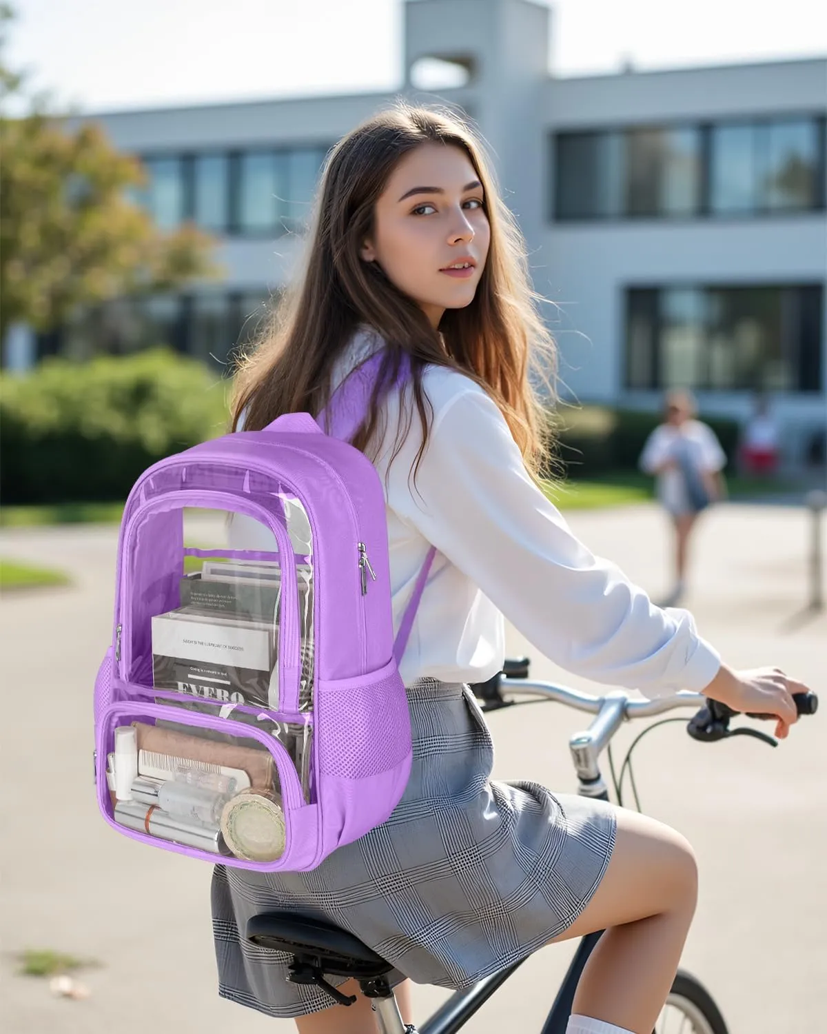 Clear Backpack, Fabric & PVC Transparent Backpack with Reinforced Strap for Women Men, Heavy Duty Transparent Bookbag, Large Capacity Clear Bag, Travel, Security, Purple