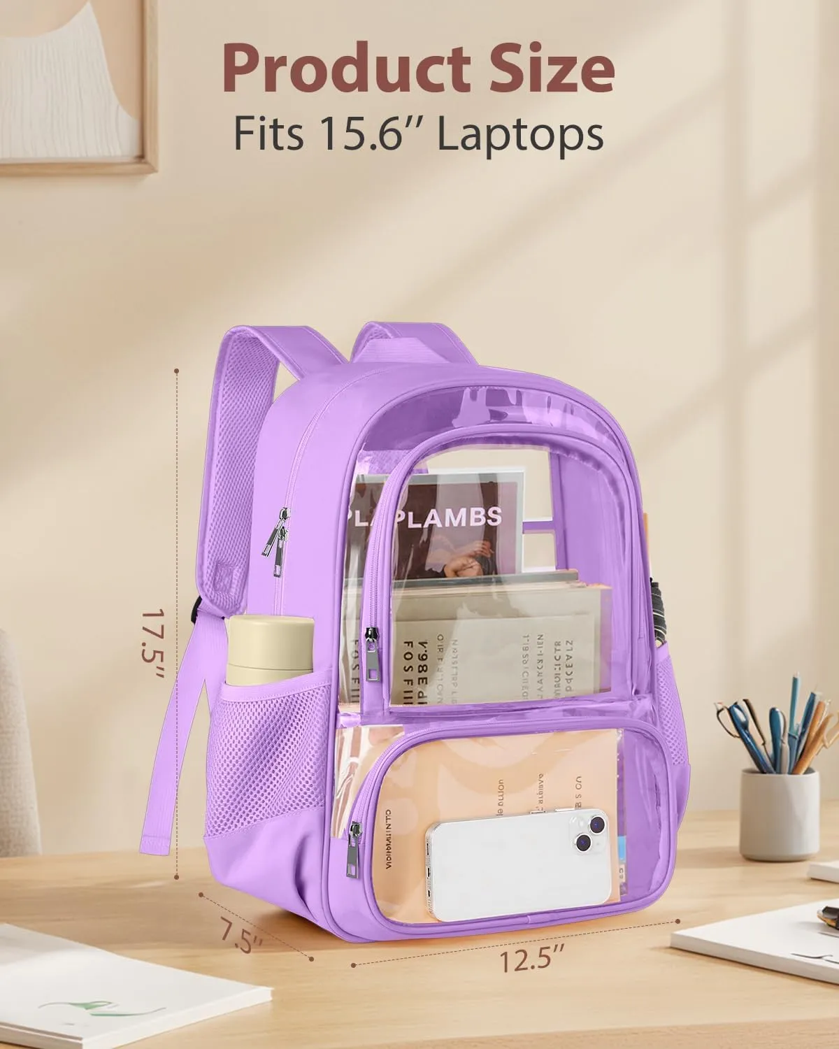 Clear Backpack, Fabric & PVC Transparent Backpack with Reinforced Strap for Women Men, Heavy Duty Transparent Bookbag, Large Capacity Clear Bag, Travel, Security, Purple