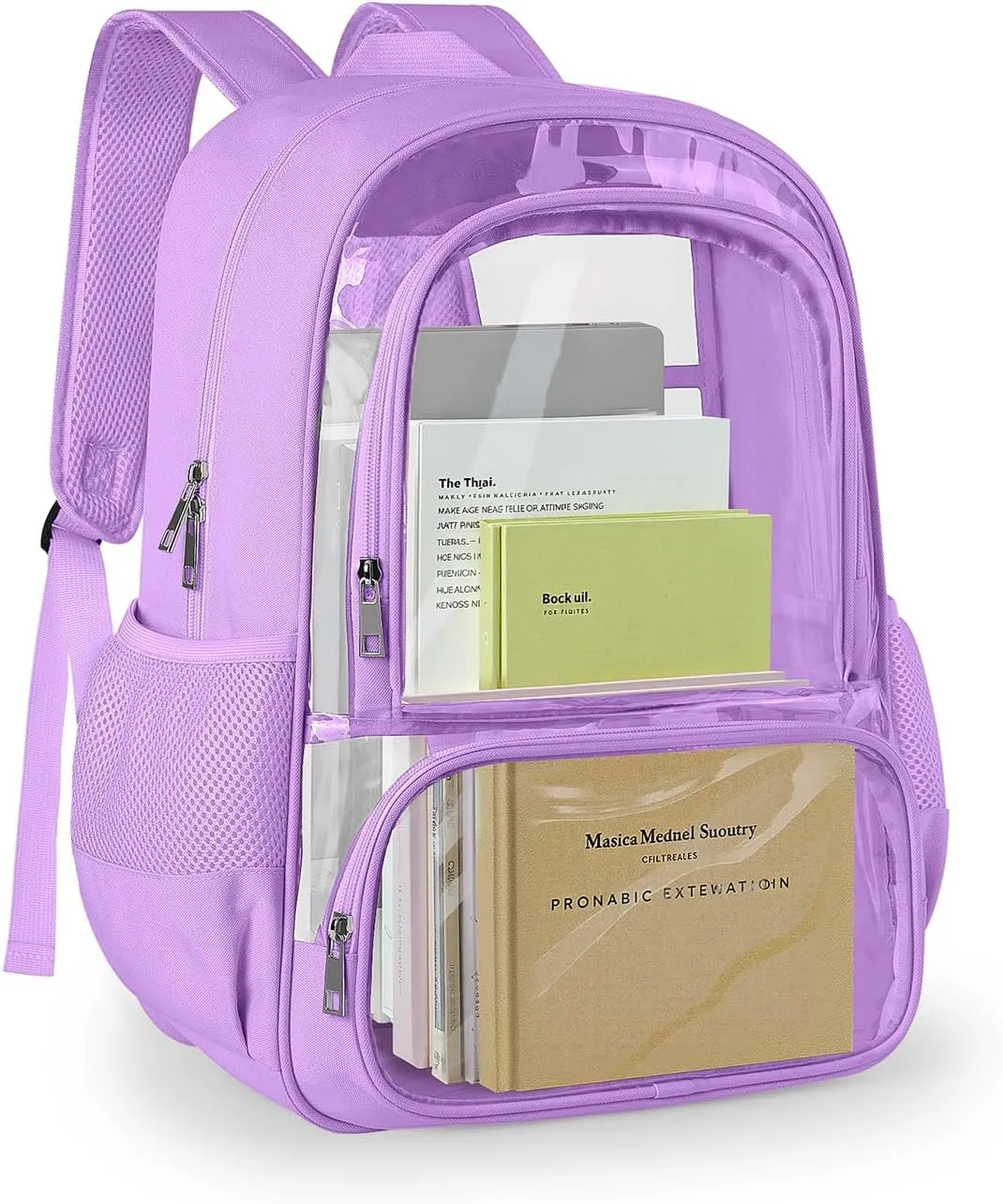 Clear Backpack, Fabric & PVC Transparent Backpack with Reinforced Strap for Women Men, Heavy Duty Transparent Bookbag, Large Capacity Clear Bag, Travel, Security, Purple
