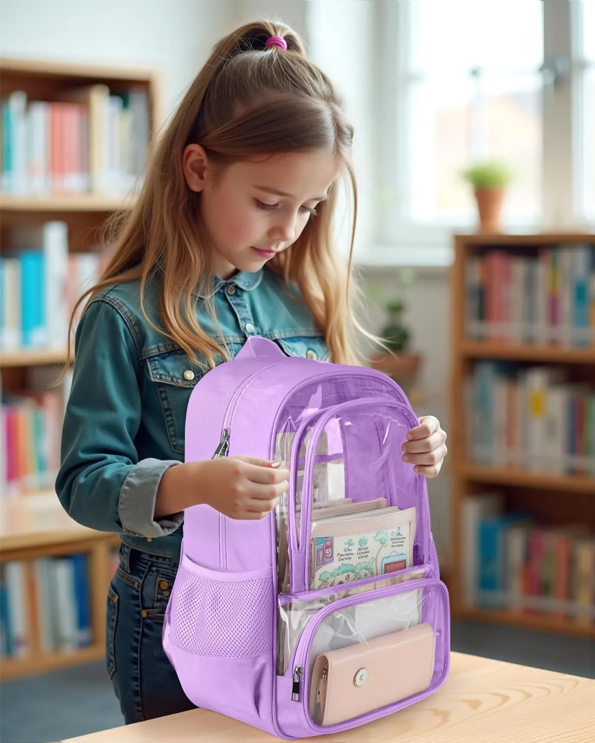 Clear Backpack, Fabric & PVC Transparent Backpack with Reinforced Strap for Women Men, Heavy Duty Transparent Bookbag, Large Capacity Clear Bag, Travel, Security, Purple