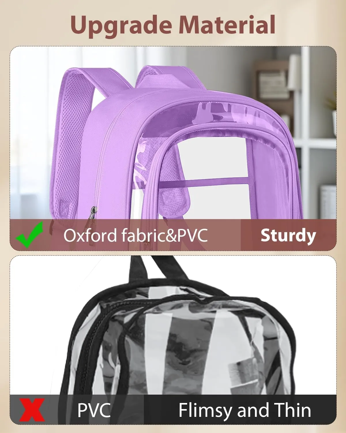 Clear Backpack, Fabric & PVC Transparent Backpack with Reinforced Strap for Women Men, Heavy Duty Transparent Bookbag, Large Capacity Clear Bag, Travel, Security, Purple