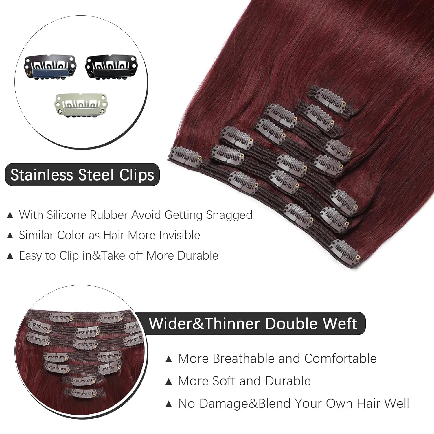 Clip in Hair Extensions Real Human Hair - 160g 20 Inch 7pcs, Burgundy Red Color - Premium Soft Hair Extensions Real Human Hair Clip ins Straight Double Weft for Women (#99J 20 Inch)