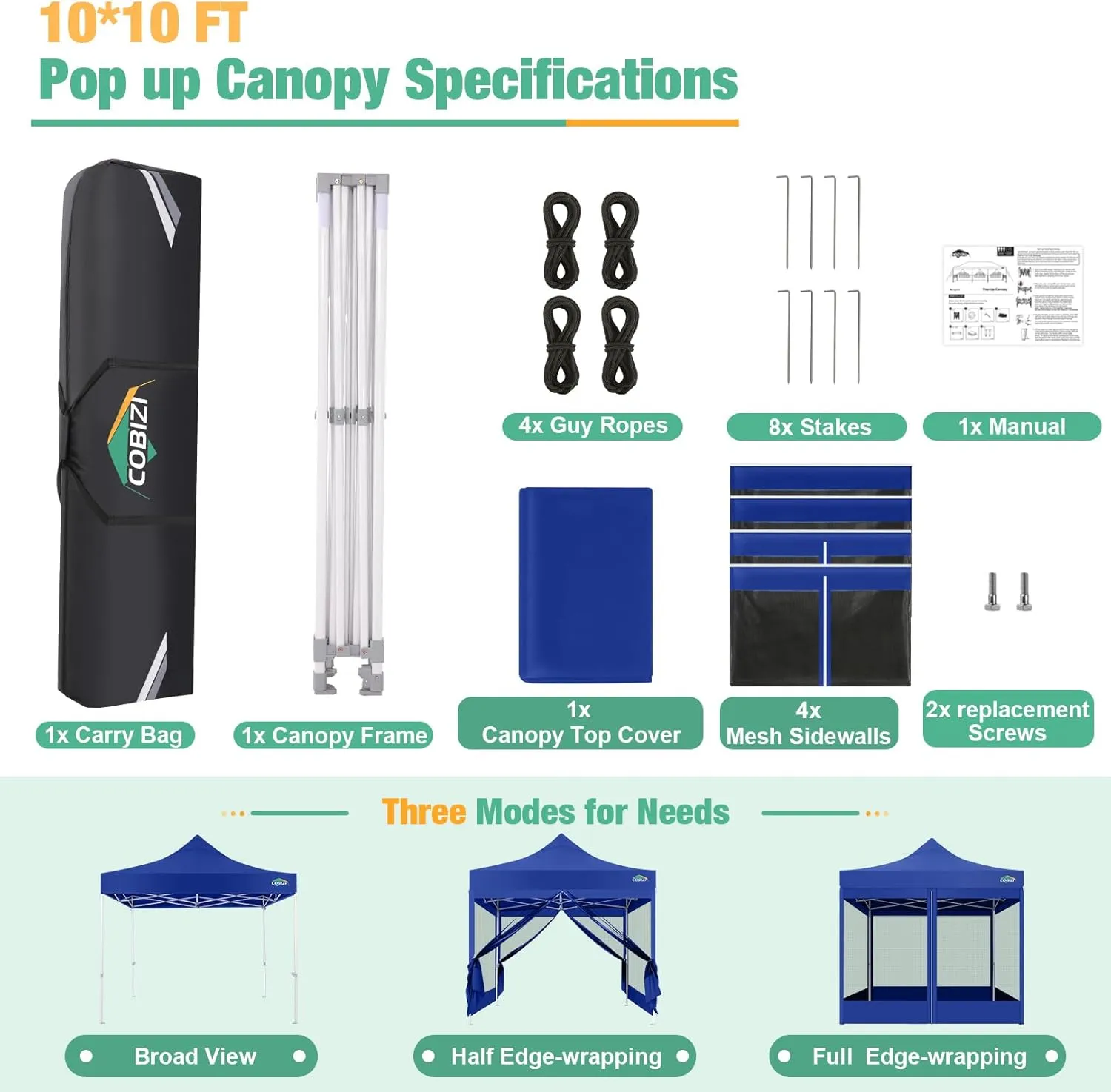 COBIZI 10x10 Canopy Tent, Heavy Duty Pop up Canopy with Sidewalls, Waterproof Easy Setup Canopy with Mosquito Netting, Outdoor Instant Screen Tents for Parties, Wedding with Carry Bag, Dark Blue