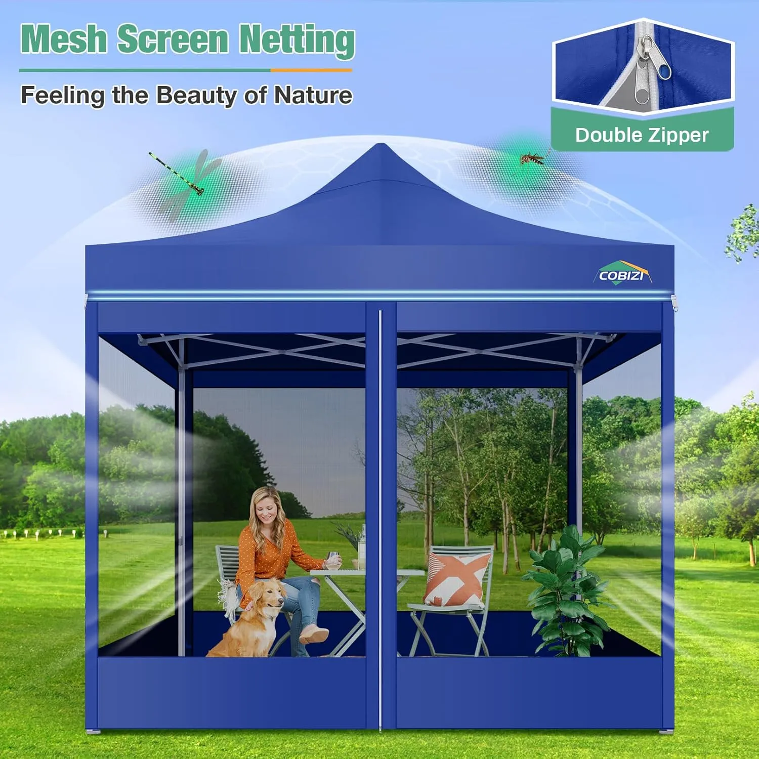 COBIZI 10x10 Canopy Tent, Heavy Duty Pop up Canopy with Sidewalls, Waterproof Easy Setup Canopy with Mosquito Netting, Outdoor Instant Screen Tents for Parties, Wedding with Carry Bag, Dark Blue