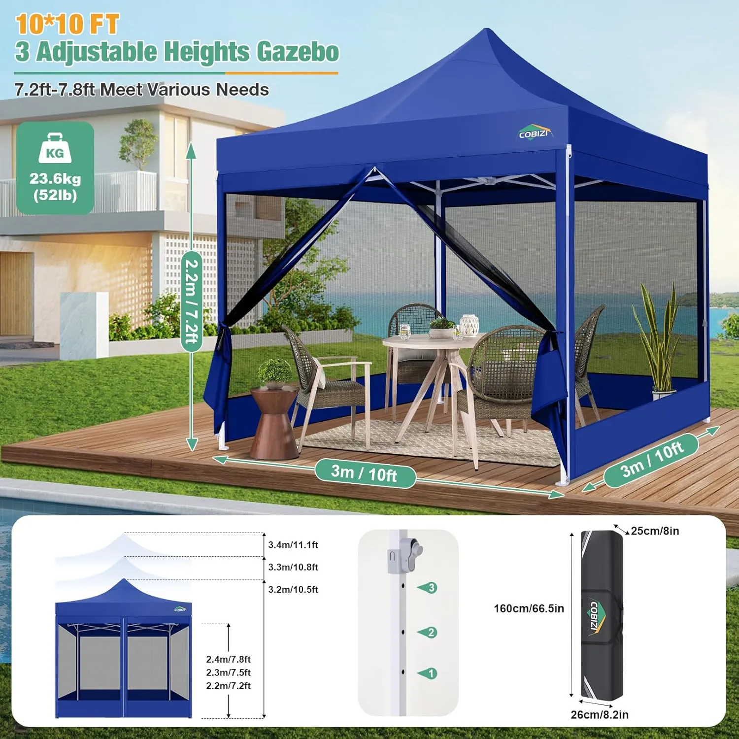 COBIZI 10x10 Canopy Tent, Heavy Duty Pop up Canopy with Sidewalls, Waterproof Easy Setup Canopy with Mosquito Netting, Outdoor Instant Screen Tents for Parties, Wedding with Carry Bag, Dark Blue