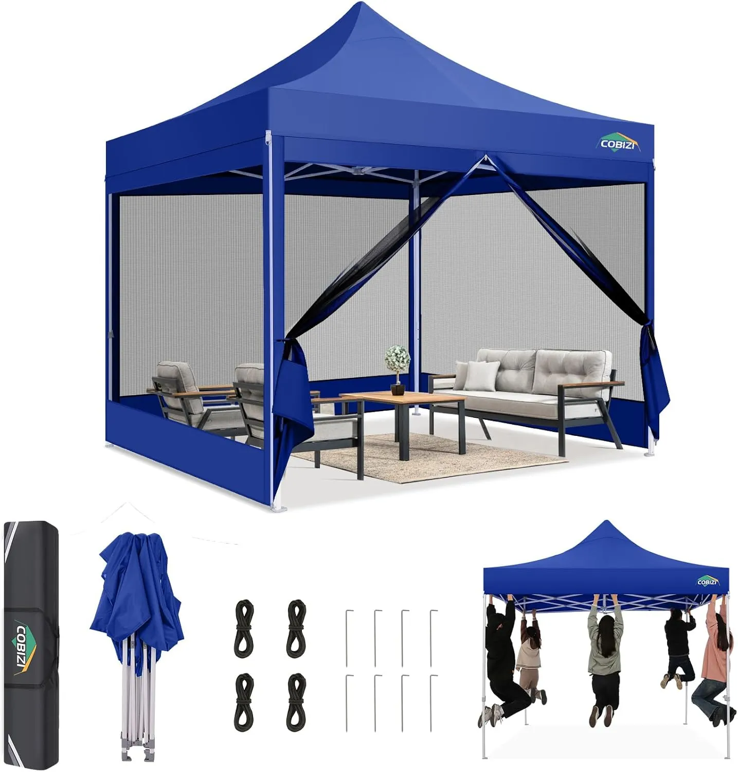 COBIZI 10x10 Canopy Tent, Heavy Duty Pop up Canopy with Sidewalls, Waterproof Easy Setup Canopy with Mosquito Netting, Outdoor Instant Screen Tents for Parties, Wedding with Carry Bag, Dark Blue