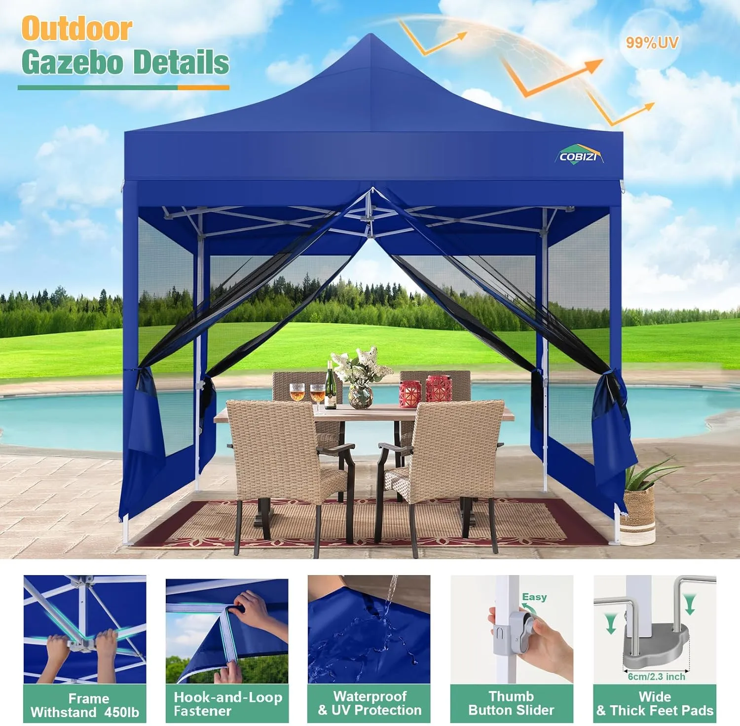 COBIZI 10x10 Canopy Tent, Heavy Duty Pop up Canopy with Sidewalls, Waterproof Easy Setup Canopy with Mosquito Netting, Outdoor Instant Screen Tents for Parties, Wedding with Carry Bag, Dark Blue