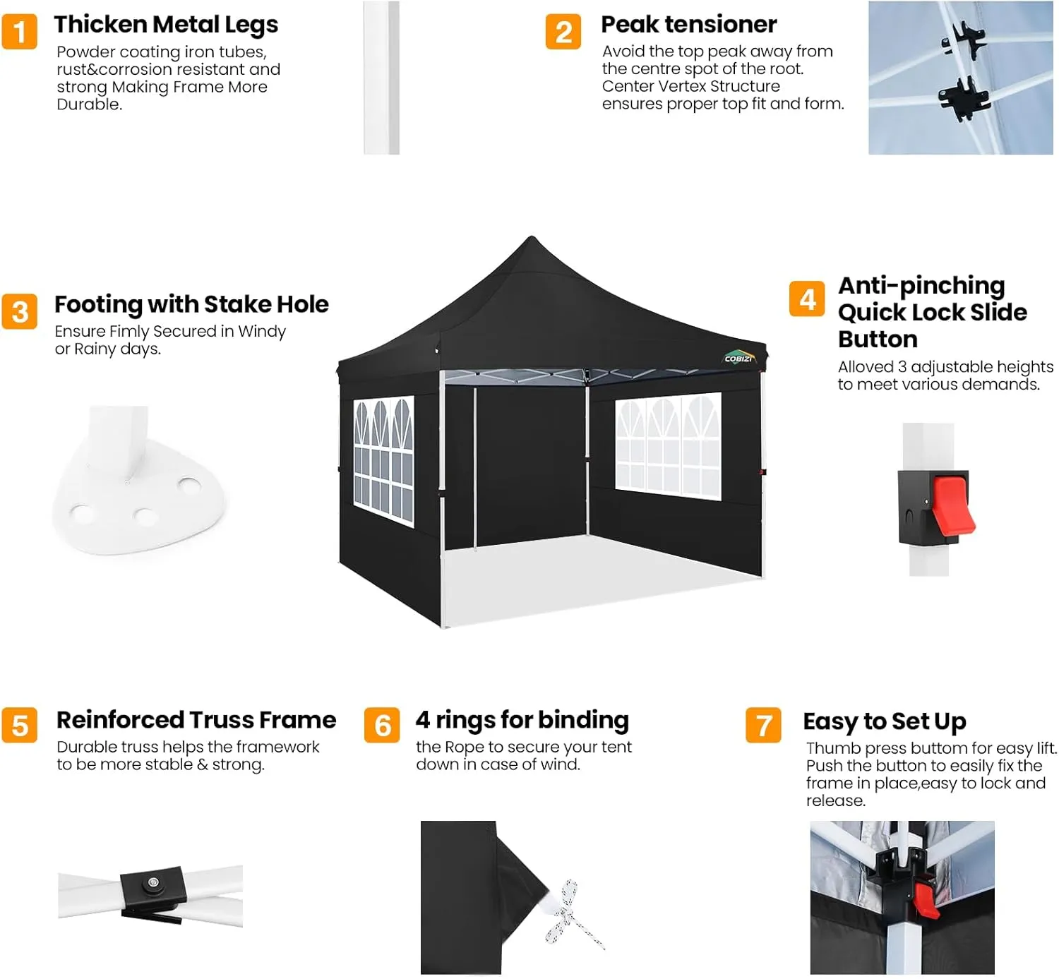 COBIZI 10x10ft Pop Up Canopy with 4 Removable Sidewalls, Easy Up Commercial Gazebos, Waterproof and UV50  Gazebo with Portable Bag, Adjustable Leg Heights, Tents for Parties, with 4 sandbags