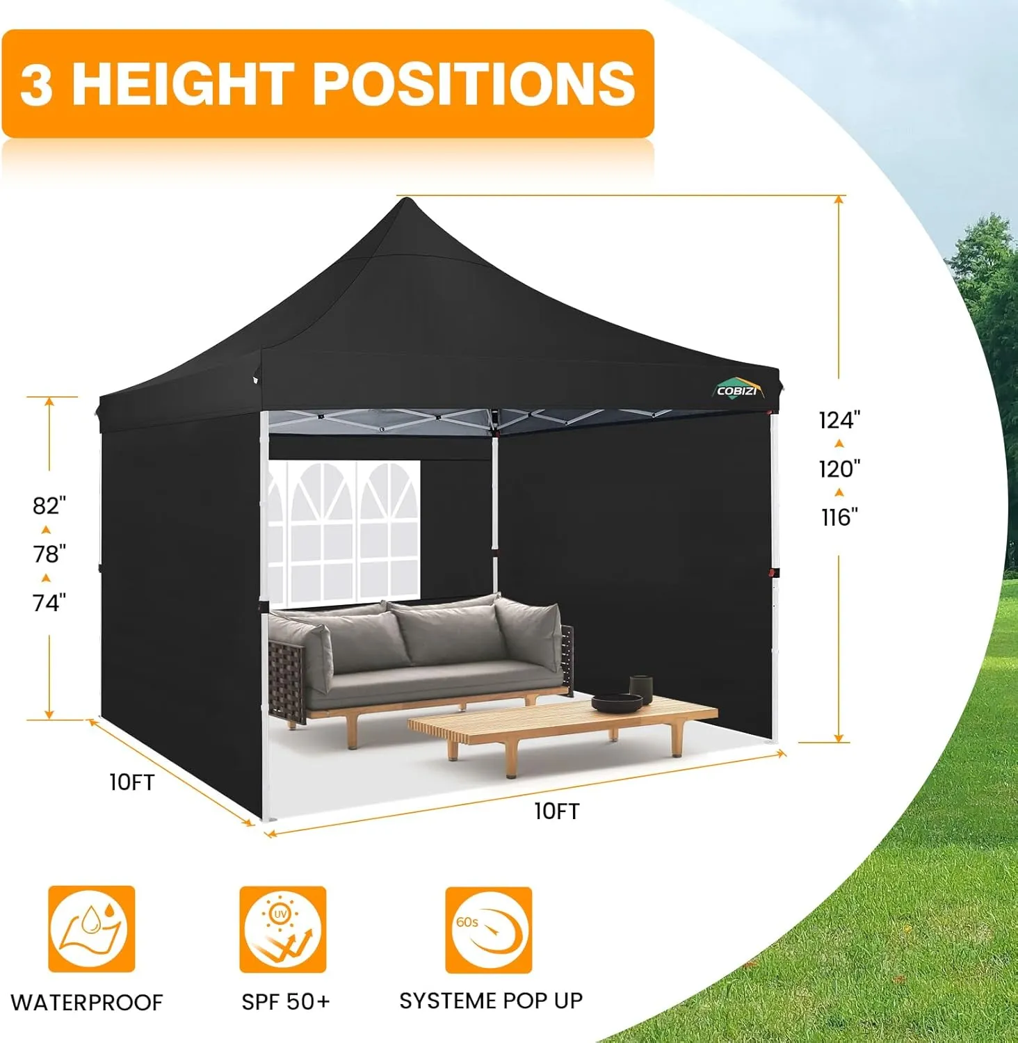COBIZI 10x10ft Pop Up Canopy with 4 Removable Sidewalls, Easy Up Commercial Gazebos, Waterproof and UV50  Gazebo with Portable Bag, Adjustable Leg Heights, Tents for Parties, with 4 sandbags