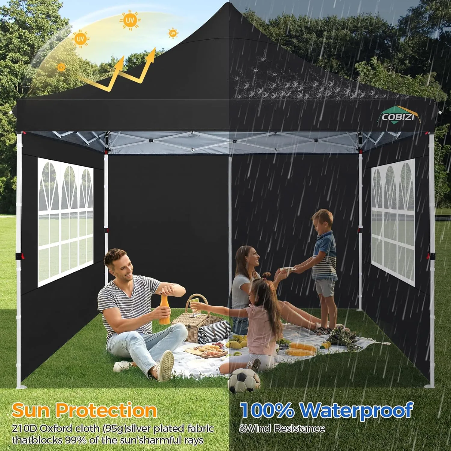 COBIZI 10x10ft Pop Up Canopy with 4 Removable Sidewalls, Easy Up Commercial Gazebos, Waterproof and UV50  Gazebo with Portable Bag, Adjustable Leg Heights, Tents for Parties, with 4 sandbags
