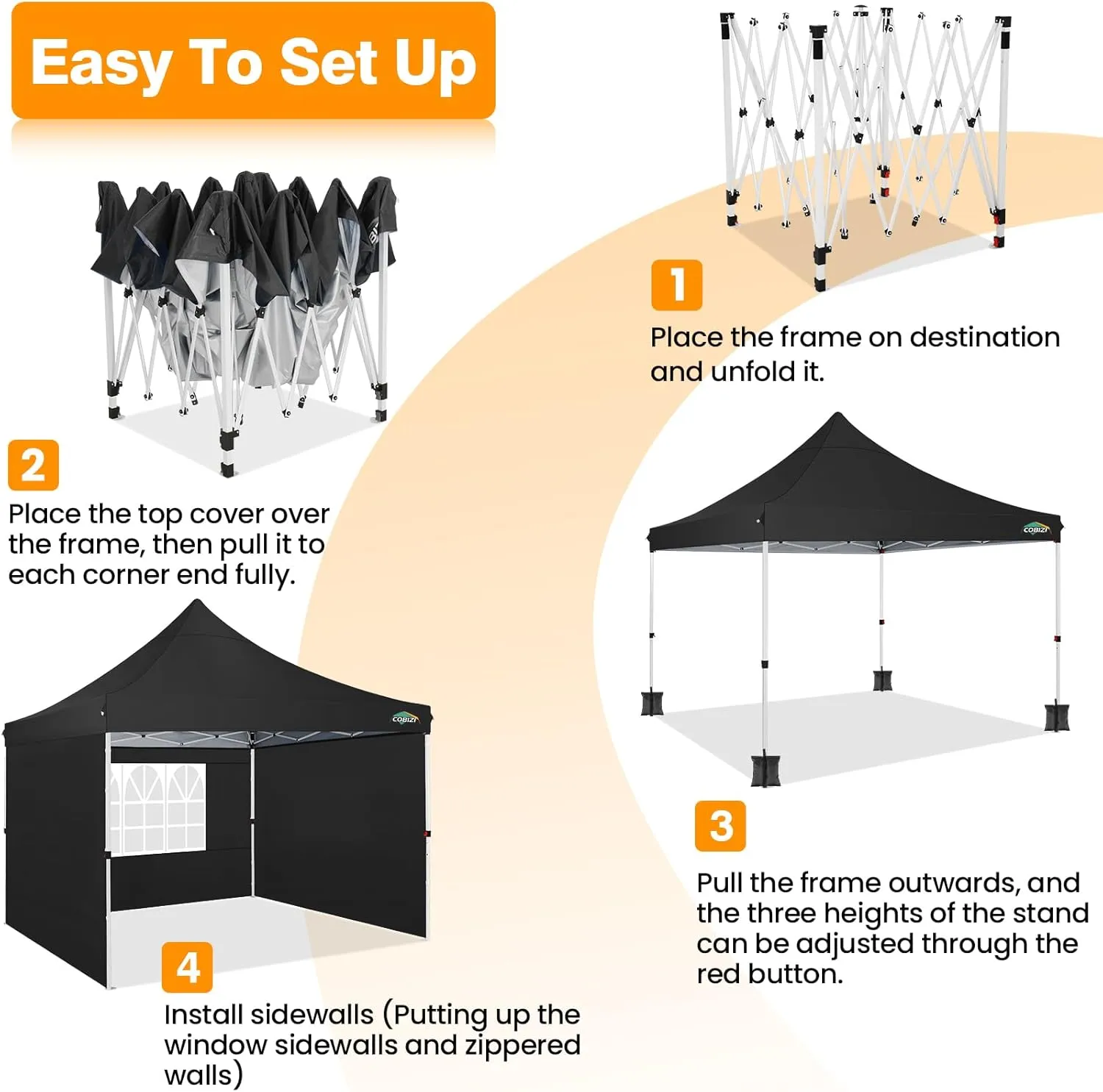 COBIZI 10x10ft Pop Up Canopy with 4 Removable Sidewalls, Easy Up Commercial Gazebos, Waterproof and UV50  Gazebo with Portable Bag, Adjustable Leg Heights, Tents for Parties, with 4 sandbags