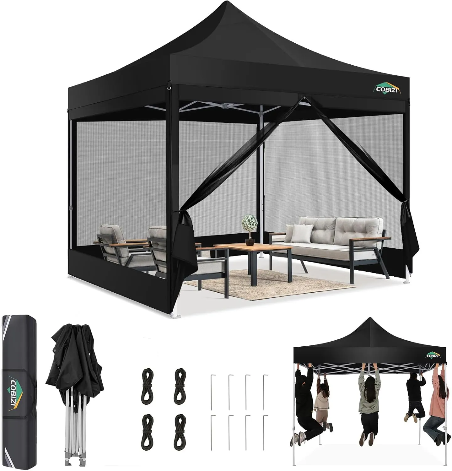 COBIZI Canopy Tent 10x10 Heavy Duty, Pop Up Gazebo with Netting Screened,Waterproof Ez up Canopy with Sidewalls, Outdoor Instant Screen House Tent for Camping,Backyard, Wedding, Birthday,Black