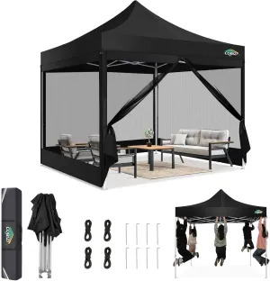 COBIZI Canopy Tent 10x10 Heavy Duty, Pop Up Gazebo with Netting Screened,Waterproof Ez up Canopy with Sidewalls, Outdoor Instant Screen House Tent for Camping,Backyard, Wedding, Birthday,Black