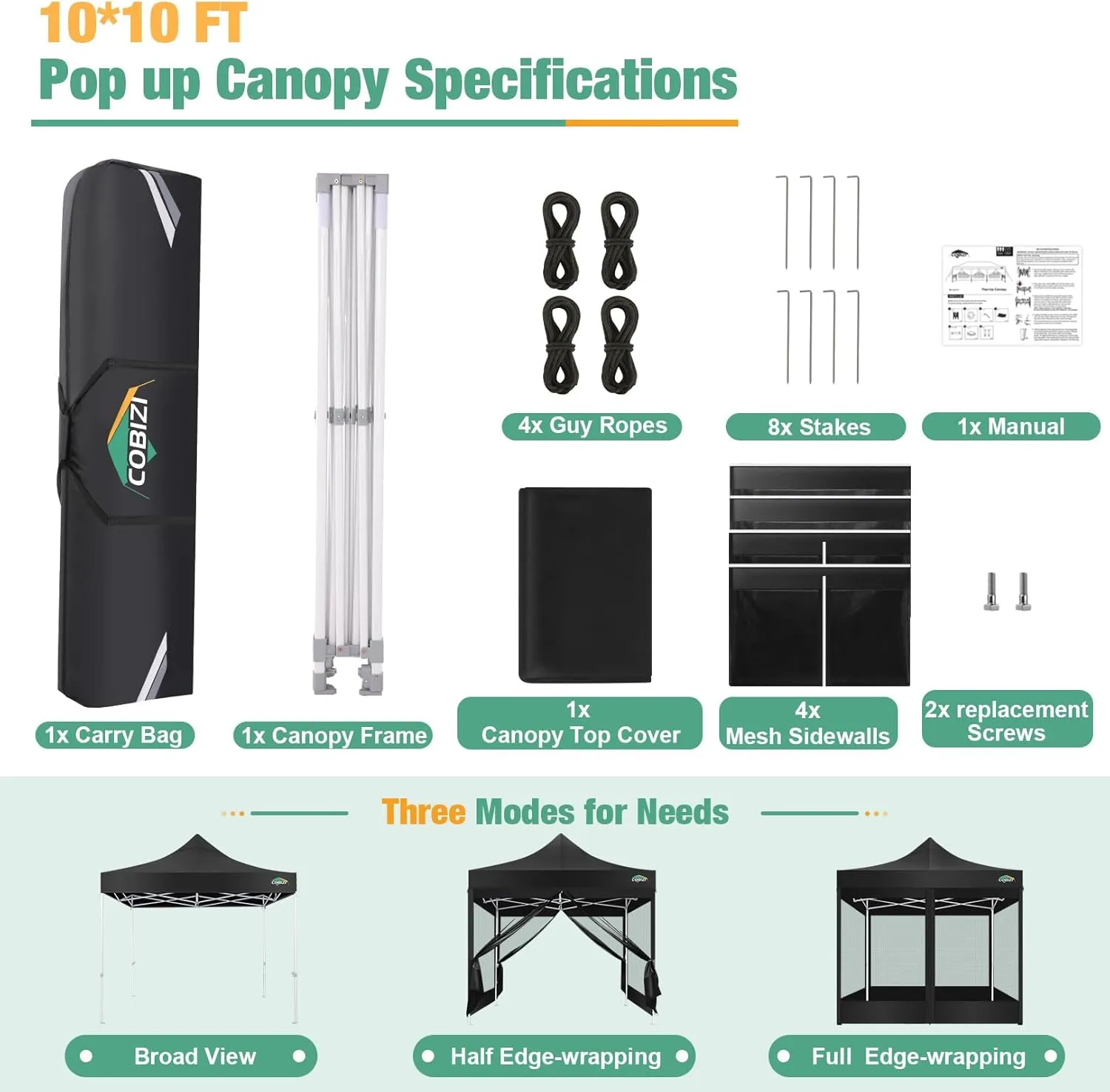 COBIZI Canopy Tent 10x10 Heavy Duty, Pop Up Gazebo with Netting Screened,Waterproof Ez up Canopy with Sidewalls, Outdoor Instant Screen House Tent for Camping,Backyard, Wedding, Birthday,Black