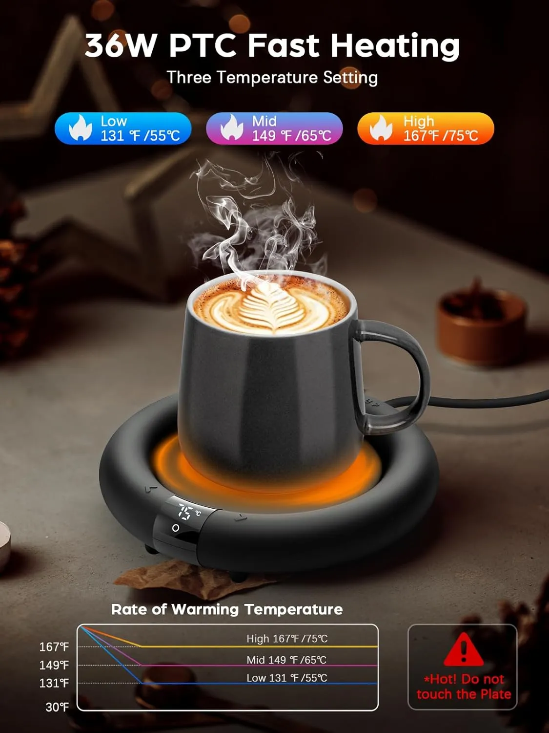 Coffee Mug Warmer, 36W Cup Warmer for Desk with 8H Auto Shut Off, 3 Temp Settings, Mug Warmer Heating Coffee, Beverage, Milk, Tea, Candle Warmer Plate for Desk Home, Office(No Cup) (Black)