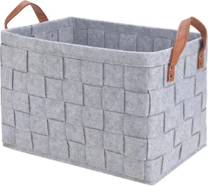 Collapsible Storage Basket Bins, Foldable Handmade Rectangular Felt Fabric Storage Box Cubes Containers with Handles- Large Organizer For Nursery Toys,Kids Room,Towels,Clothes, Grey （16"x11.8"x11.5"）