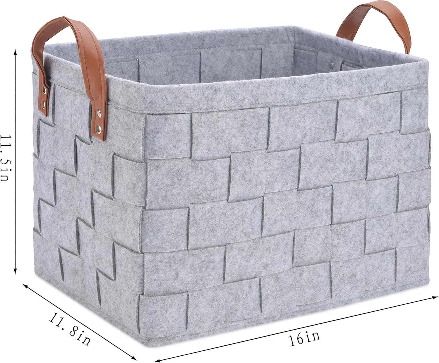 Collapsible Storage Basket Bins, Foldable Handmade Rectangular Felt Fabric Storage Box Cubes Containers with Handles- Large Organizer For Nursery Toys,Kids Room,Towels,Clothes, Grey （16"x11.8"x11.5"）