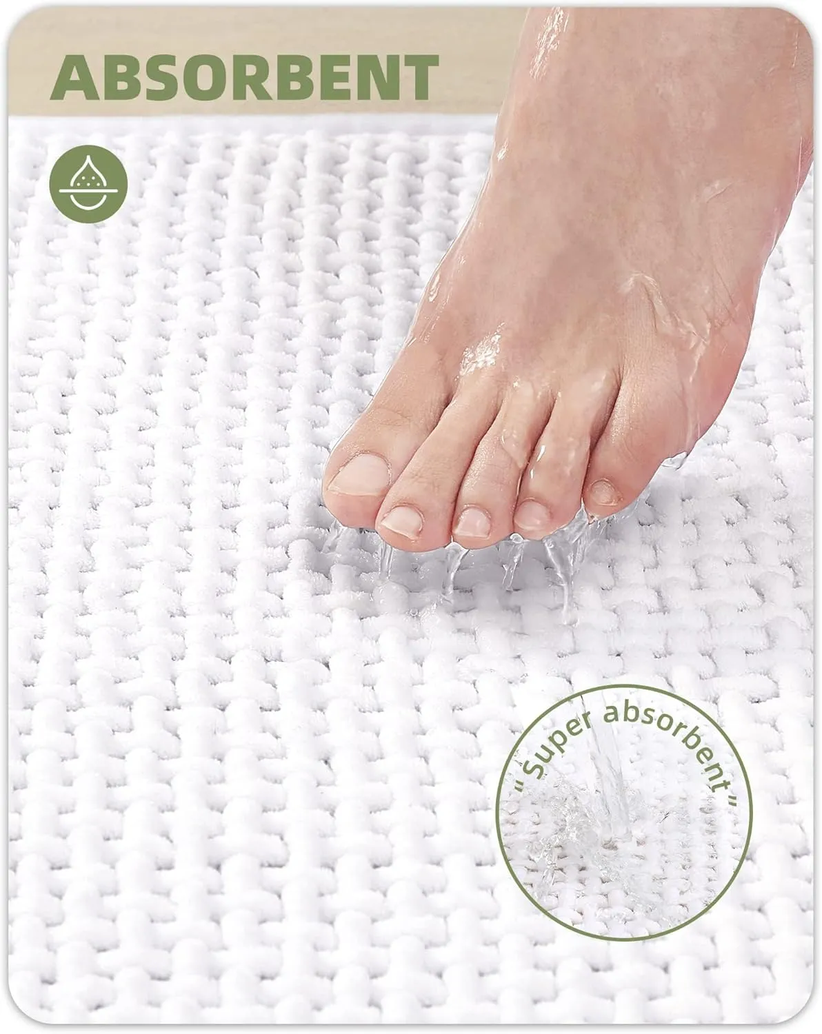 Color&Geometry White Chenille Bathroom Rugs- Non Slip, Absorbent, Quick Dry, Thin, Washable- 16"x24" Small Bath Mat Carpet Bath Rugs for Bathroom Floor, Shower, Sink, Vanity