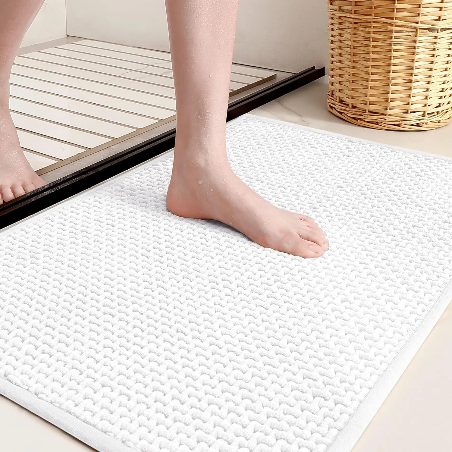 Color&Geometry White Chenille Bathroom Rugs- Non Slip, Absorbent, Quick Dry, Thin, Washable- 16"x24" Small Bath Mat Carpet Bath Rugs for Bathroom Floor, Shower, Sink, Vanity