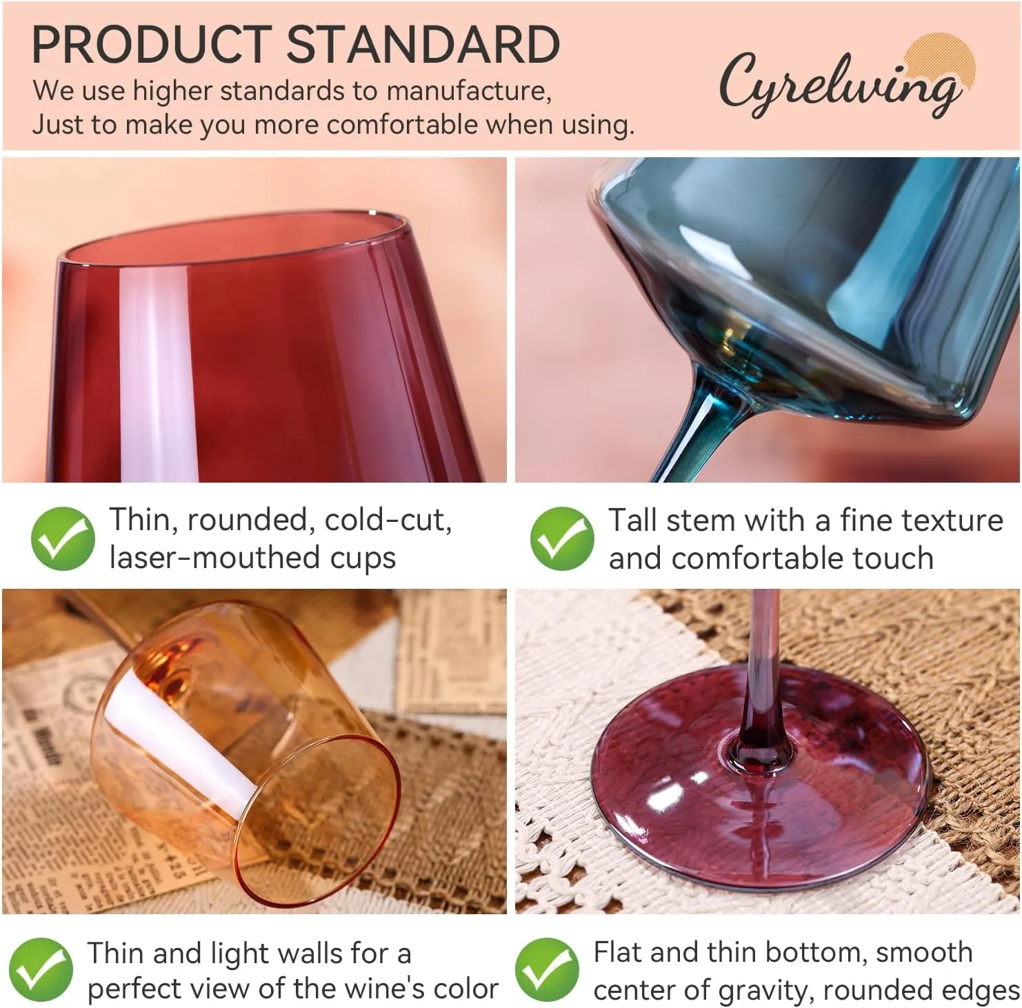 Colored Wine Glasses Set of 6-18oz【Hand Blown】Crystal Colorful Wine Glasses with Stem-Muticolor Wine Glass Wedding gift set for wine lovers Red White Wine Dinner