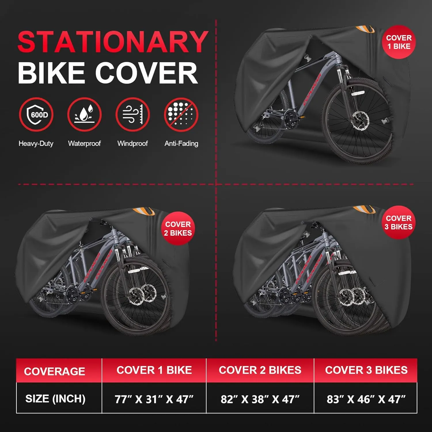 Comnova Bike Cover for 1 Bike - Outdoor Bike Cover for Stationary 1 Bike Waterproof Heavy Duty, 600D Bicycle Covers for Single eBike, Mountain Bike, Road Bike, Hybrid Bike, Beach Cruiser Bike Storage