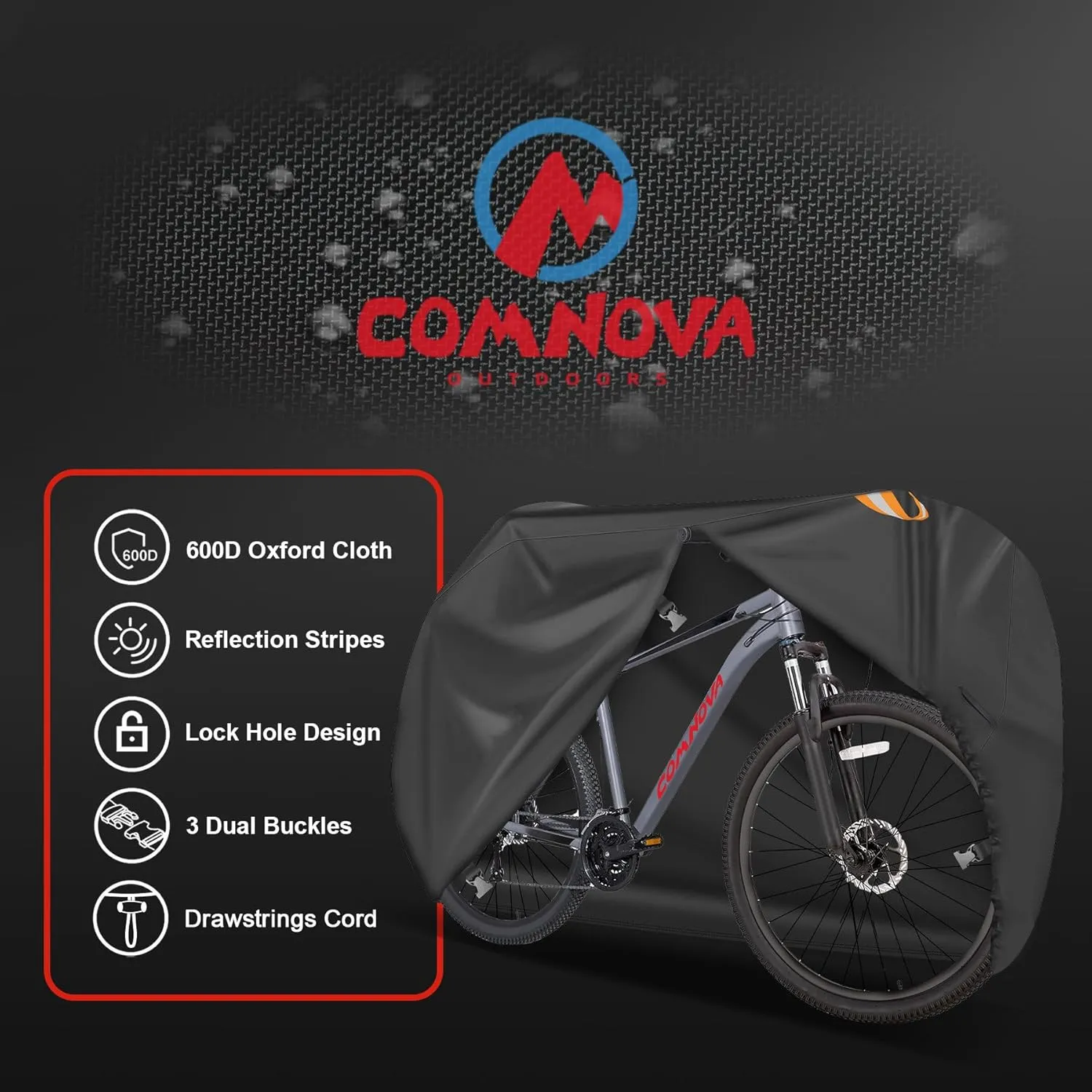 Comnova Bike Cover for 1 Bike - Outdoor Bike Cover for Stationary 1 Bike Waterproof Heavy Duty, 600D Bicycle Covers for Single eBike, Mountain Bike, Road Bike, Hybrid Bike, Beach Cruiser Bike Storage