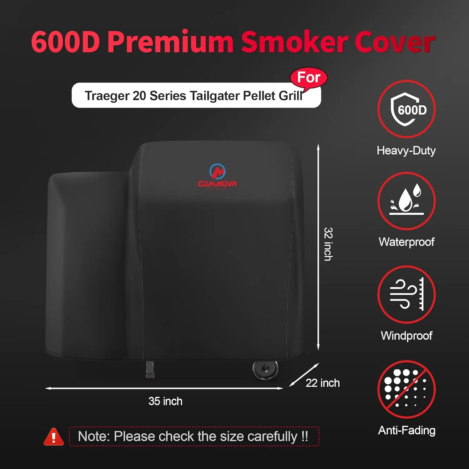 Comnova Grill Cover for Traeger - 600D Waterproof & Heavy Duty, Pellet BBQ Cover for Traeger 20 Series, Junior, Tailgater and Recteq 340 Grill