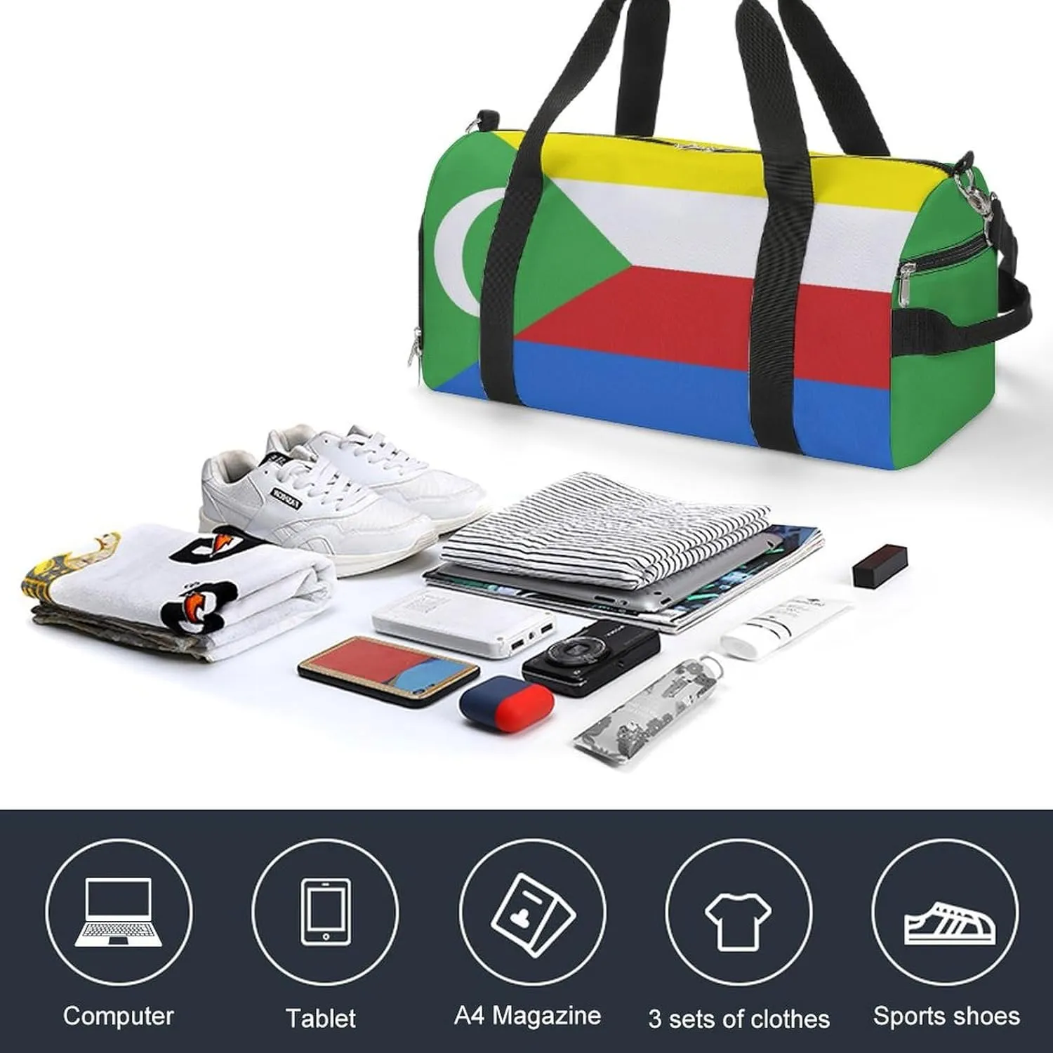 Comoros Flag Gym Duffel for Boys Girls with Shoe Compartment and Wet Pocket