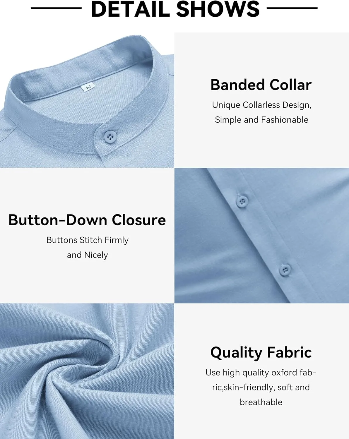COOFANDY Men's Long Sleeve Linen Shirt Band Collar Button Down Shirts Oxford Dress Shirt